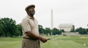 black male golfer lookup to the sky with the monument and Lincoln memorial in the background